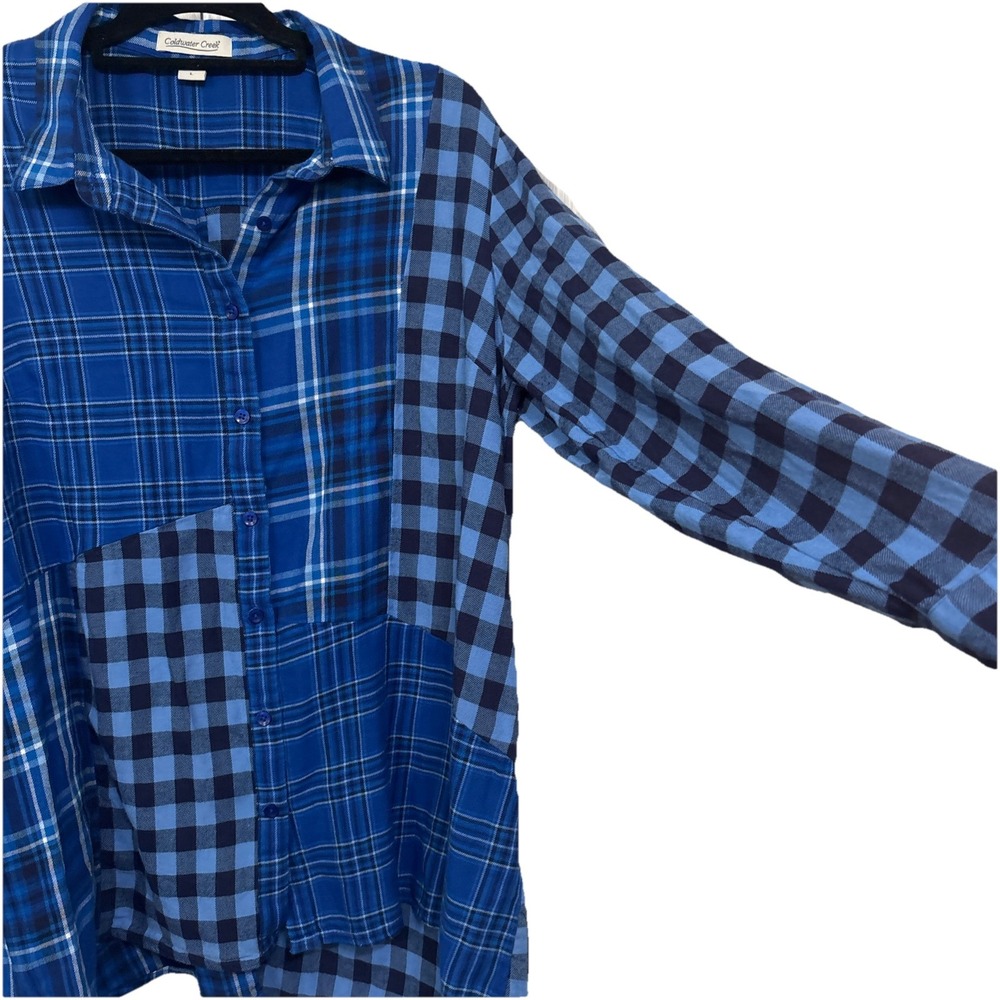 Coldwater Creek Into The Mix Plaid Flannel Top L Sapphire Blue Mixed Patchwork - Picture 4 of 9